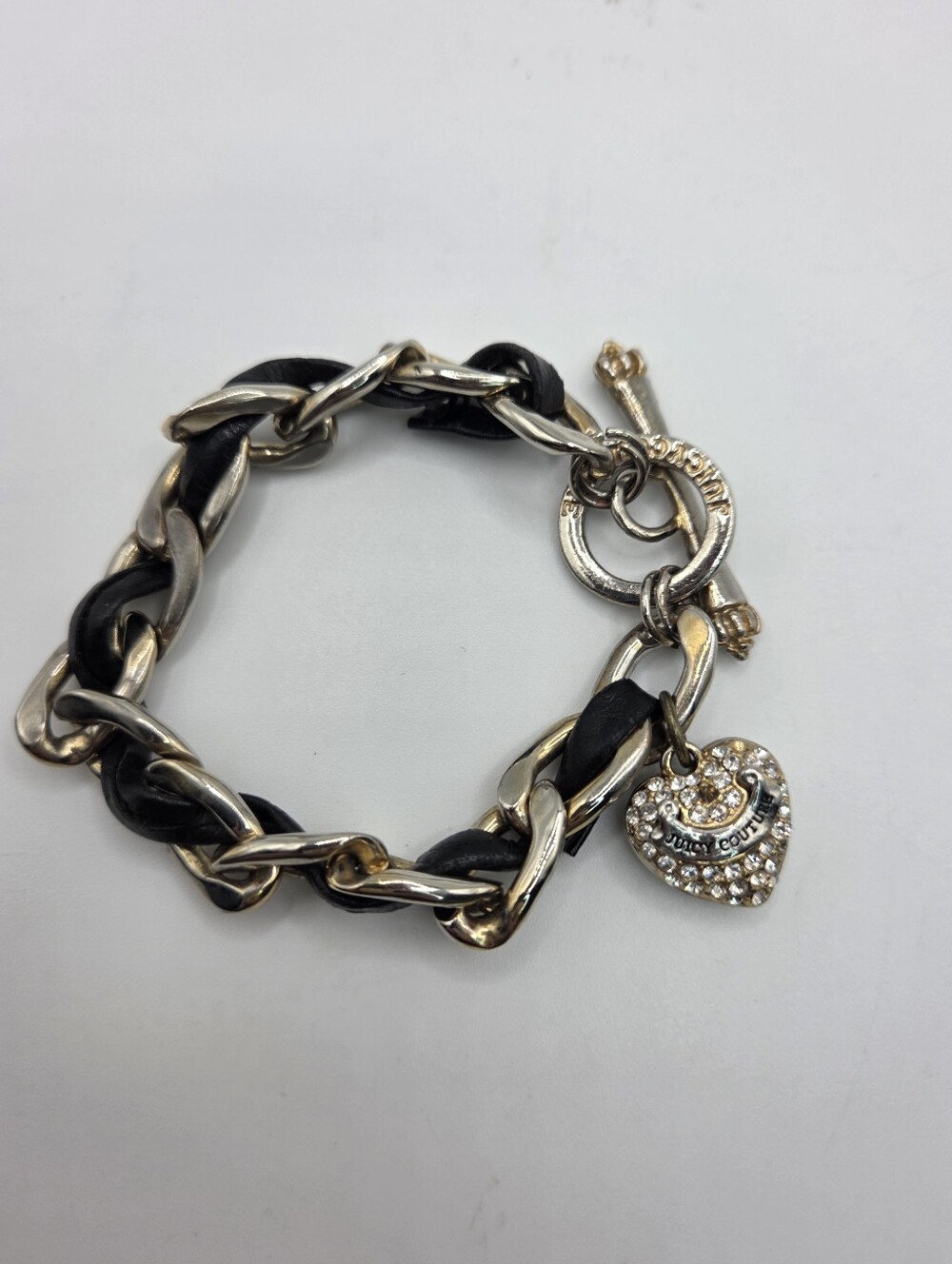 Juicy Couture Black Leather Gold & Rhinestone Charm Bracelet 7"